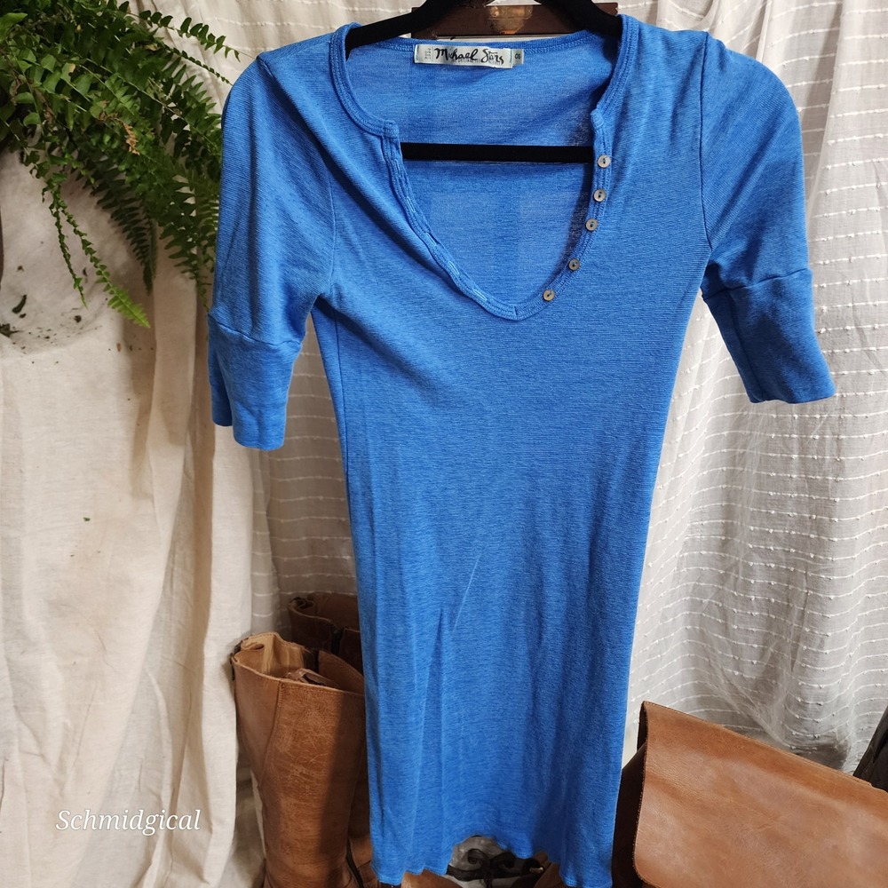 Michael Stars Maternity Blue Henley Tee Elbow Sleeve Ribbed Top M175 OS